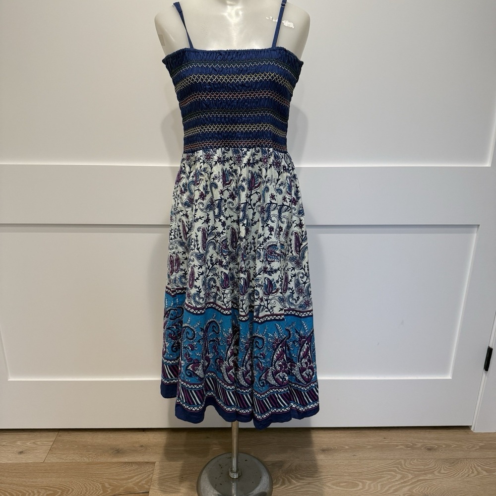 Uniti Casuals Sun Dress Smocked Elastic Bodice Floral Paisley Skirt Boho Size M